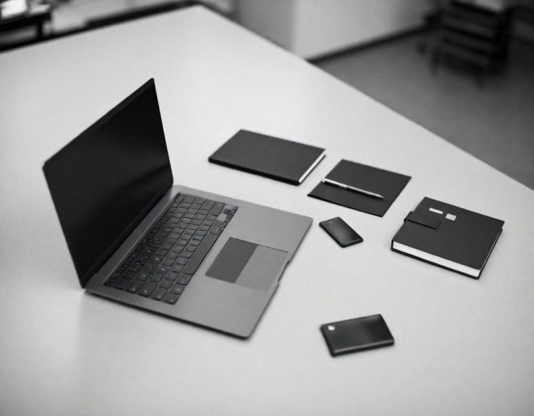 IT Support A laptop with a smartphone, notebooks, and a credit card on a table.