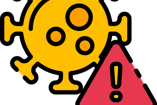 Yellow virus icon with red triangular warning sign.