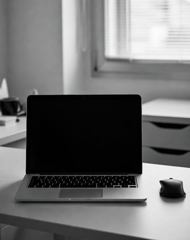 Laptop & PC repairs Black and white view of a closed laptop and a computer mouse on a desk.