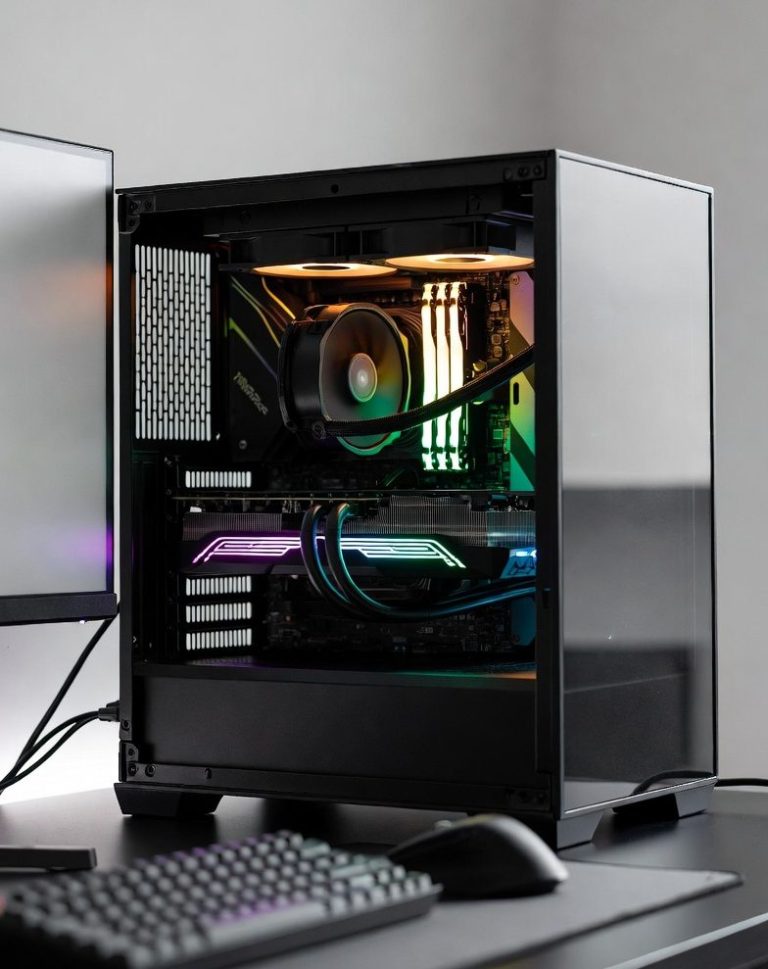Custom Build PC A sleek gaming PC with RGB lighting and glass side panel on a black desk.