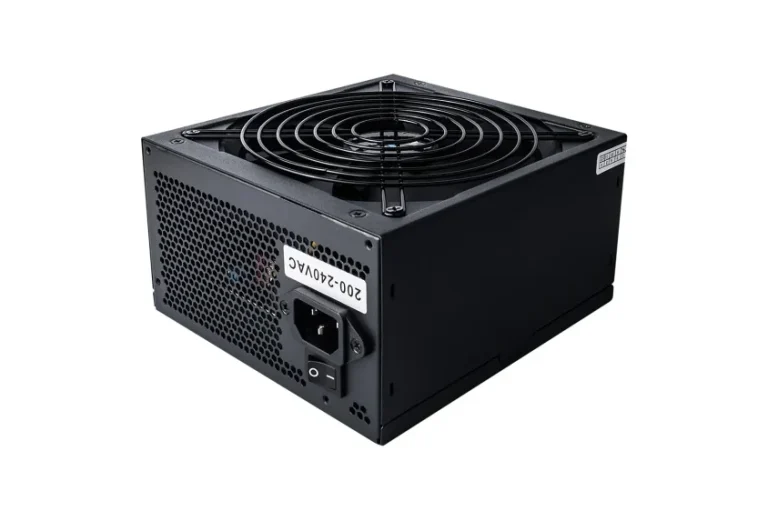 Black computer power supply unit with a fan and power input at the rear.